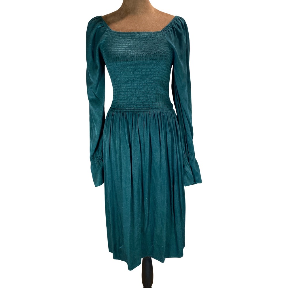 Mikarose Smocked Midi Dress Forest Green Square Neck Long Sleeve Modest XS‎